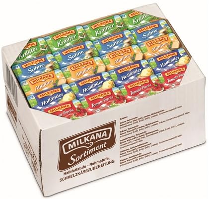 Schmelzkäse Mini Portionen 100 x 20g kleine Portionspackungen Schmierkäse ungekühlt haltbar 5 Sorten einzeln verpackt | Sorten: Sahne, Kräuter, Holländer, Allgäuer, Tomate-Paprika