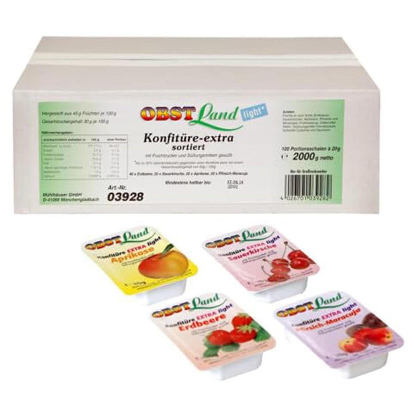 Obstland Konfitüre Extra Light Portionen 100 x 20g Erdbeere, Aprikose, Kirsche, Pfirsich-Maracuja | Marmelade für Diabetiker in Portionspackungen | Diät Konfitüre von Obstland