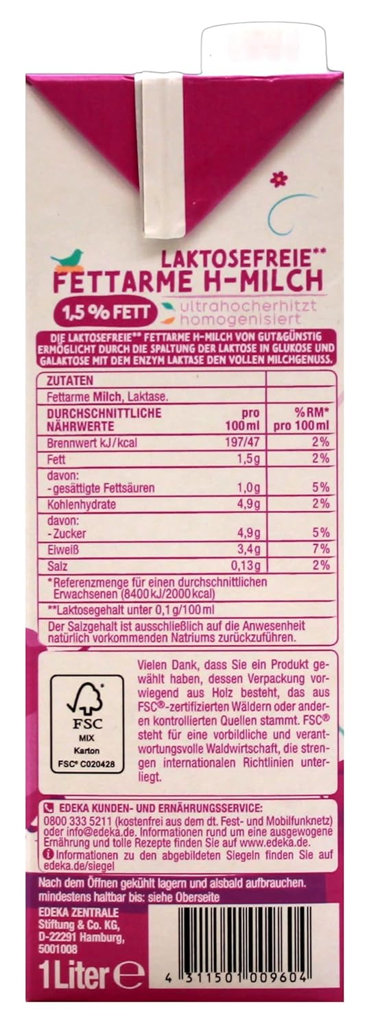 Gut & Günstig laktosefreie fettarme H-Milch 1,5% Fett, 12er Pack (12 x 1 l)