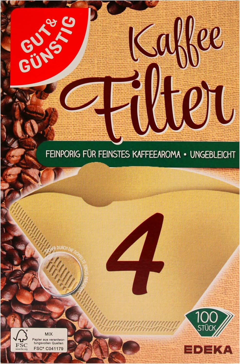 Gut & Günstig Kaffee Filter Größe 4 ungebleicht, 18er Pack (18 x 100 Stück)