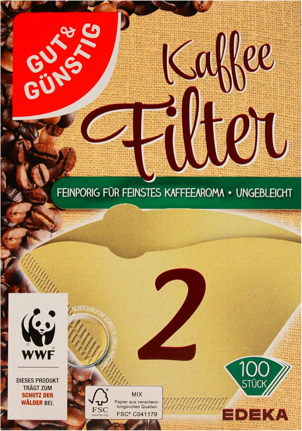 Gut & Günstig Kaffee Filter Größe 2 ungebleicht, 18er Pack (18 x 100 Stück)