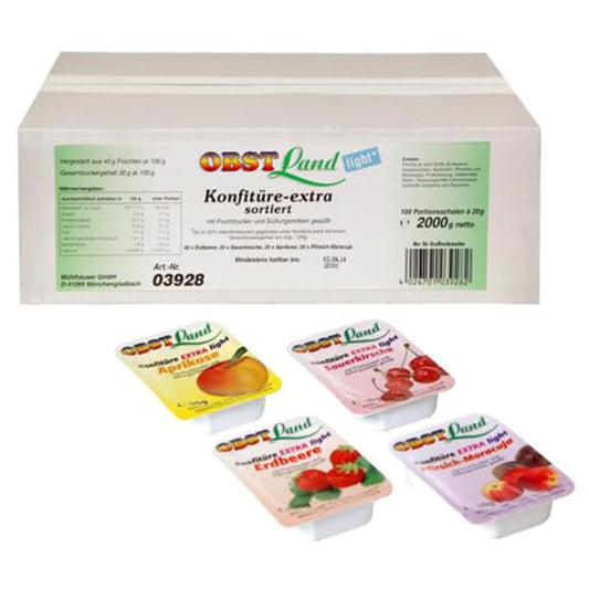 Obstland Konfitüre Extra Light Portionen 100 x 20g Erdbeere, Aprikose, Kirsche, Pfirsich-Maracuja | Marmelade für Diabetiker in Portionspackungen | Diät Konfitüre von Obstland
