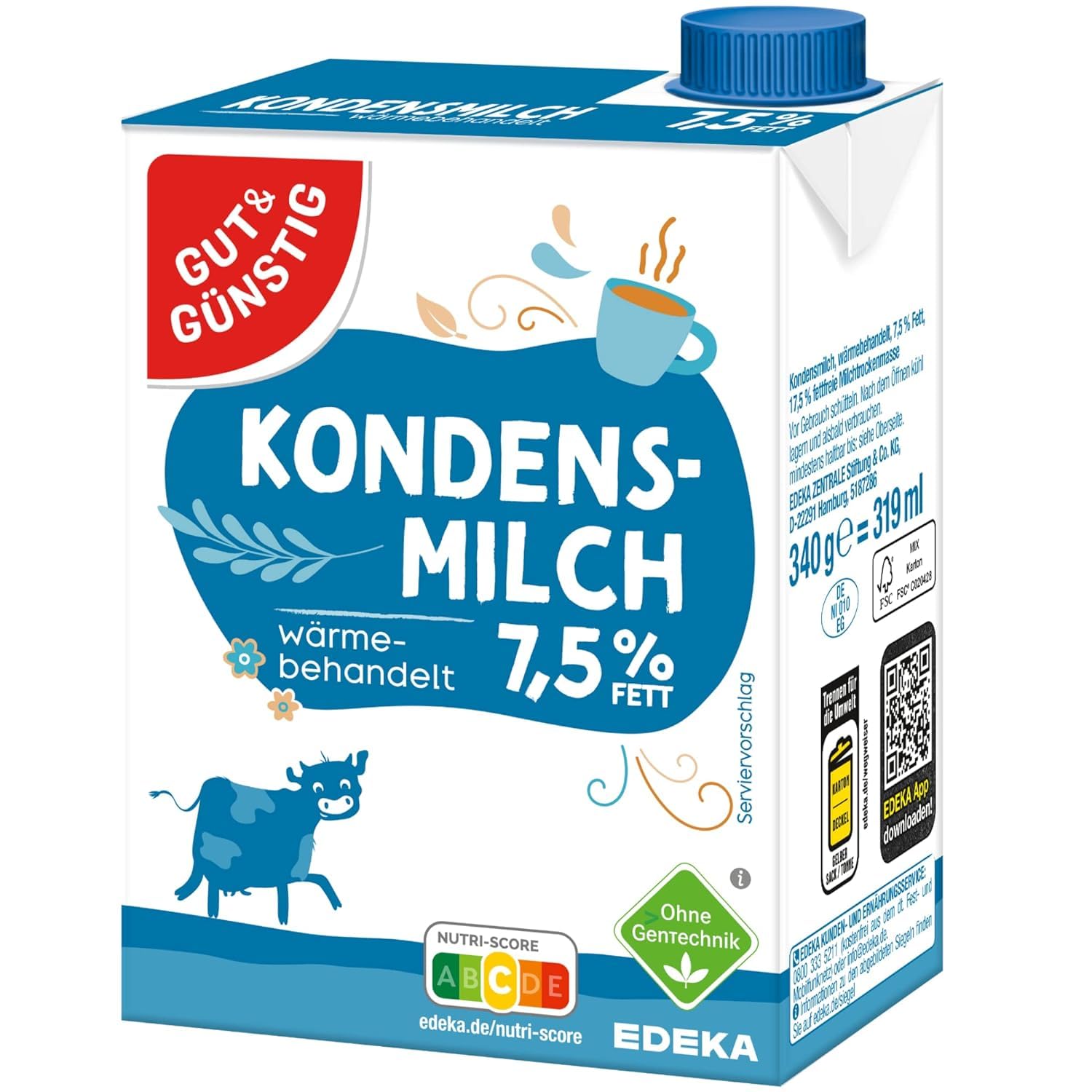 Gut&Günstig Kondensmilch 7,5% mit Schraubverschluss 6er Pack (6x340g) Milch für Kaffee & Tee Kondensmilch ohne Gentechnik + gratis Lebensmittel-Discounter Bierdeckel