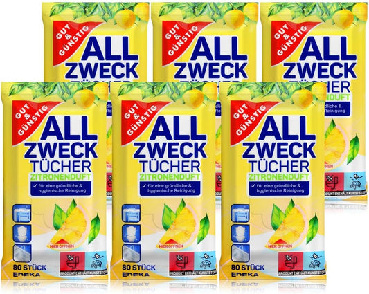 Gut & Günstig Feuchte Reinigungstücher in Spenderverpackung 480 Stück - 6er Pack für die gründliche & hygienische Reinigung (Inhalt 6 x 80 Stück)