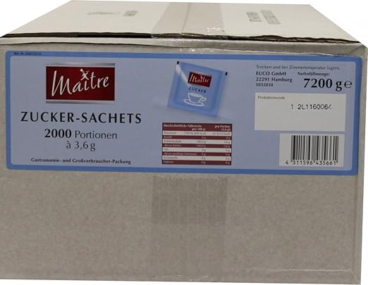 Zucker Portionsbeutel Zuckerbriefchen 2000 Stück | Zucker in Portionen Tütchen im Karton | Zucker für Gastronomie, Cafés, Hotels