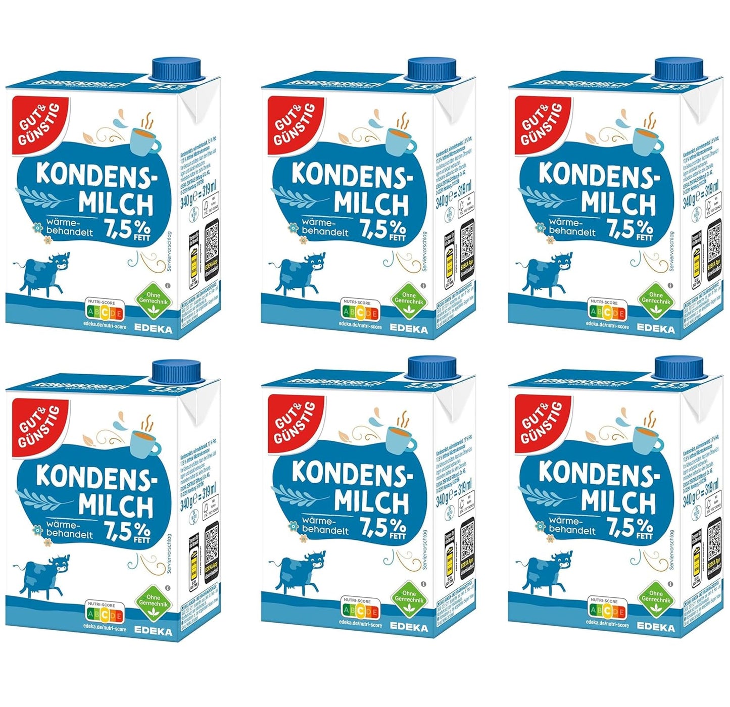 Gut&Günstig Kondensmilch 7,5% mit Schraubverschluss 6er Pack (6x340g) Milch für Kaffee & Tee Kondensmilch ohne Gentechnik + gratis Lebensmittel-Discounter Bierdeckel