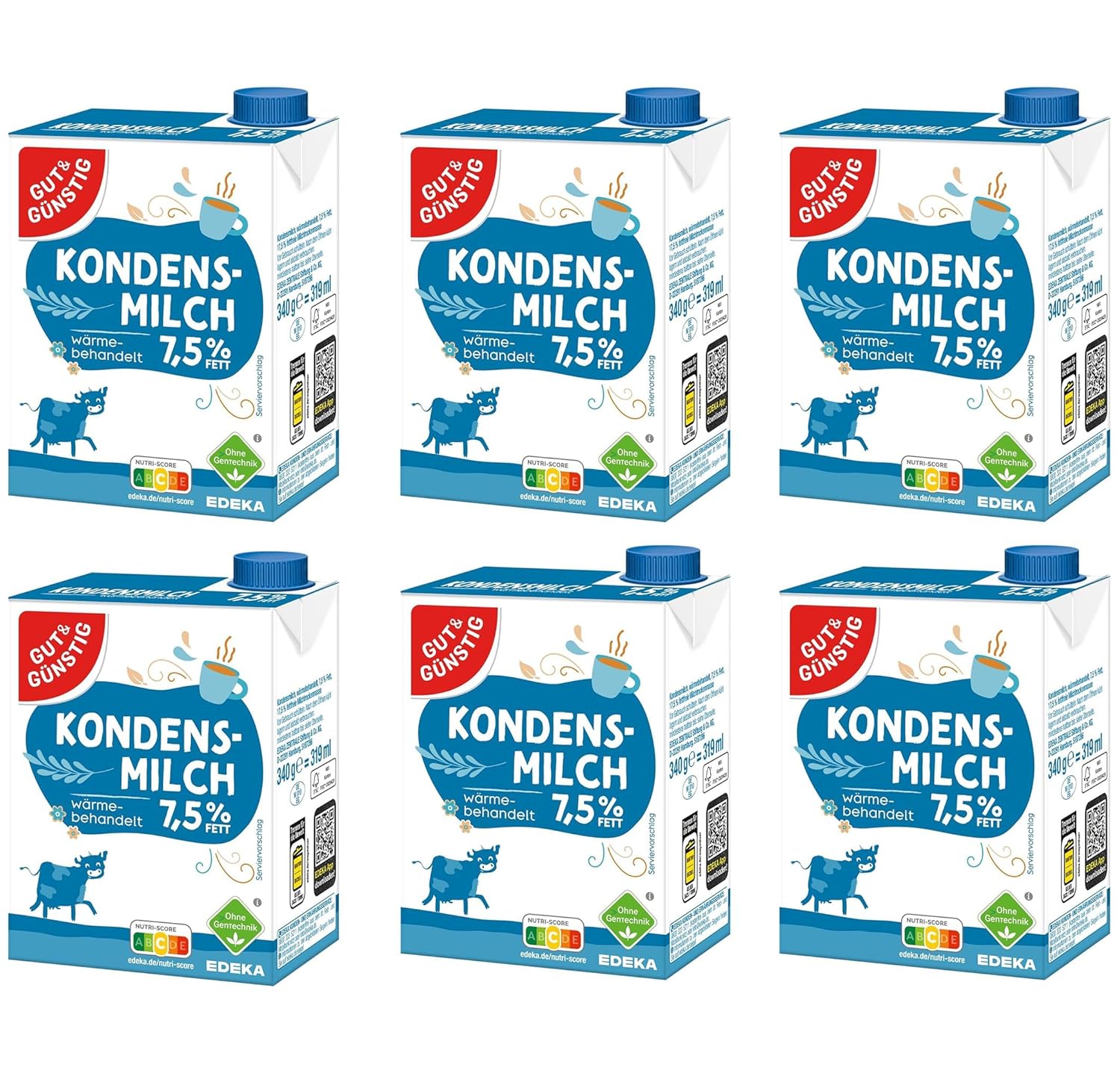 Gut&Günstig Kondensmilch 7,5% mit Schraubverschluss 6er Pack (6x340g) Milch für Kaffee & Tee Kondensmilch ohne Gentechnik + gratis Lebensmittel-Discounter Bierdeckel